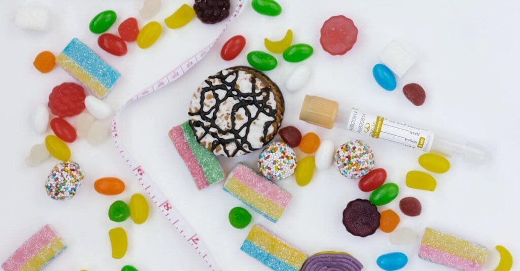 Emotional Eating, Top view of assorted candies, cookies, and a tape measure symbolizing unhealthy diet choices.